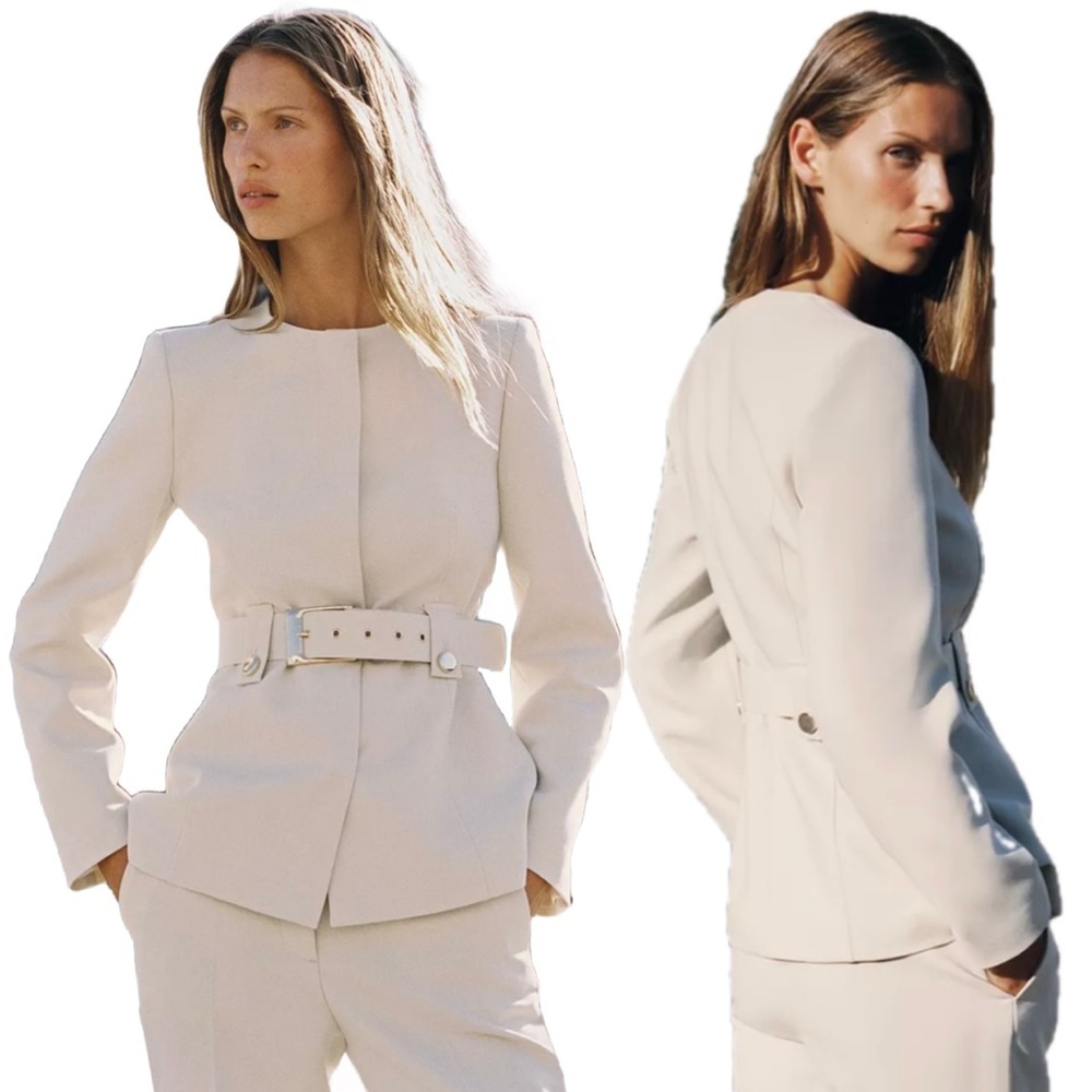 Women's Cream Belted Tailored Jacket